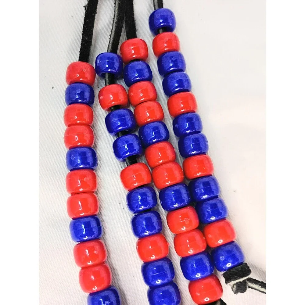 Vintage Red and Blue Beaded Keychain with Small Round Conch